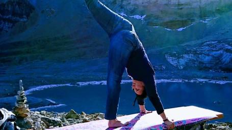 Gladys am Gletscher herbschauender Hund